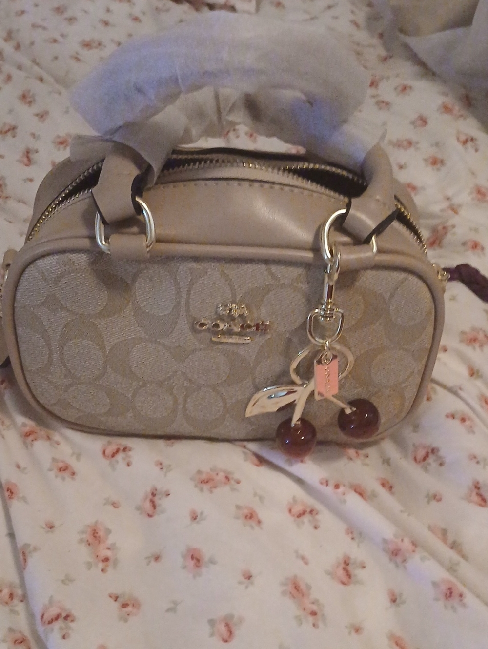 Beige Mini Satchel with Cherry Charm